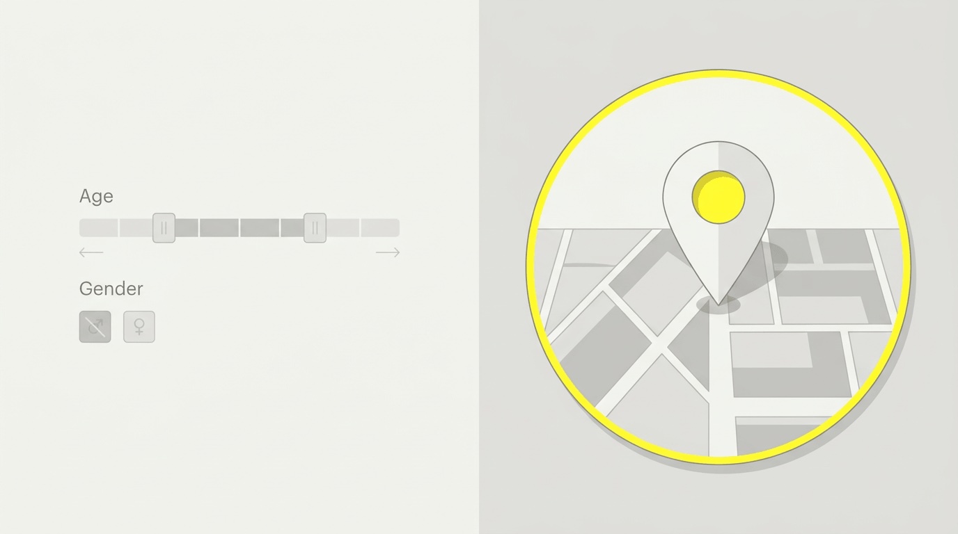 Demografische filters zoals leeftijd en geslacht vervagen, terwijl locatietargeting met een straal rond de buurt actief blijft.